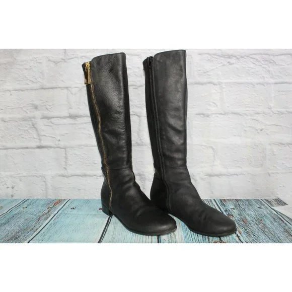 Napoleoni Black Leather Gold Plated Zipper Knee High Boots Size 39 / 9 - Picture 3 of 9